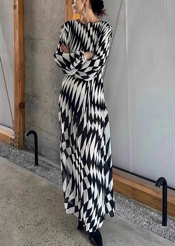 French Plaid O-Neck High Waist Chiffon Maxi Dresses Fall - Image 4