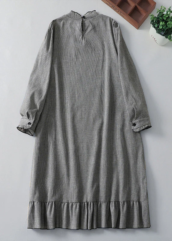 French Plaid Ruffled Pockets Cotton Dress Spring - Image 2