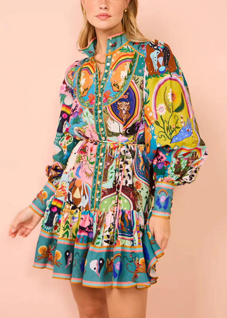 French Print Button Tie Waist Cotton Mid Dress Spring