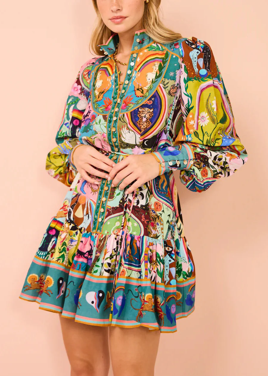 French Print Button Tie Waist Cotton Mid Dress Spring - Image 3