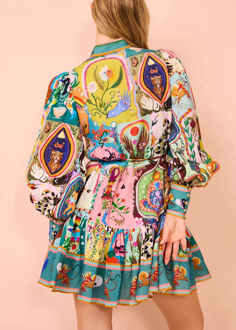 French Print Button Tie Waist Cotton Mid Dress Spring - Image 4