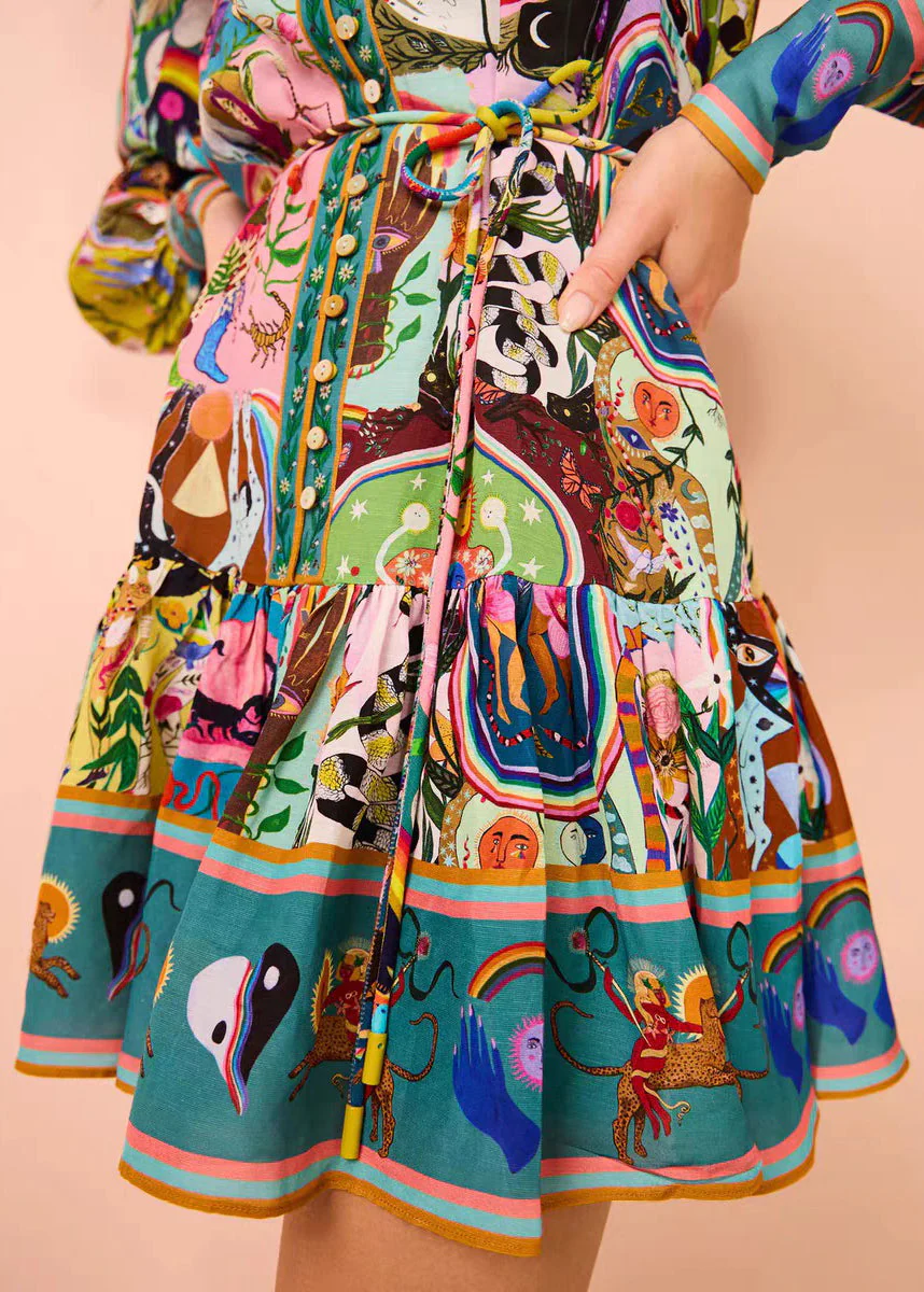 French Print Button Tie Waist Cotton Mid Dress Spring - Image 5