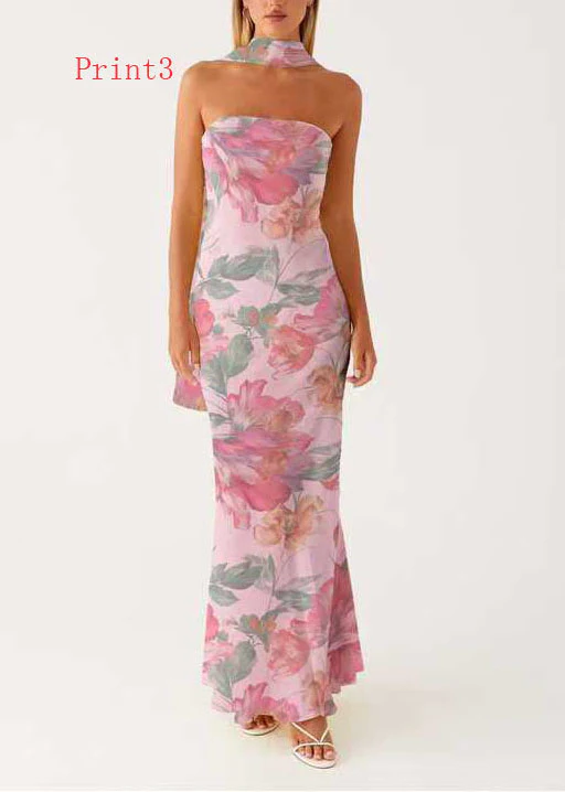 French Print Chiffon Strapless Maxi Dresses Sleeveless - Image 3