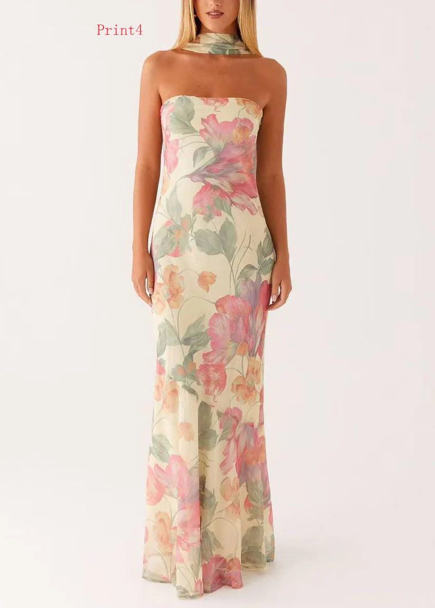 French Print Chiffon Strapless Maxi Dresses Sleeveless - Image 4
