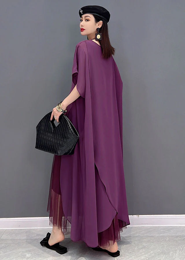 French Purple Asymmetrical Design Chiffon Dress And Cloak Two Pieces Set Summer - Image 4