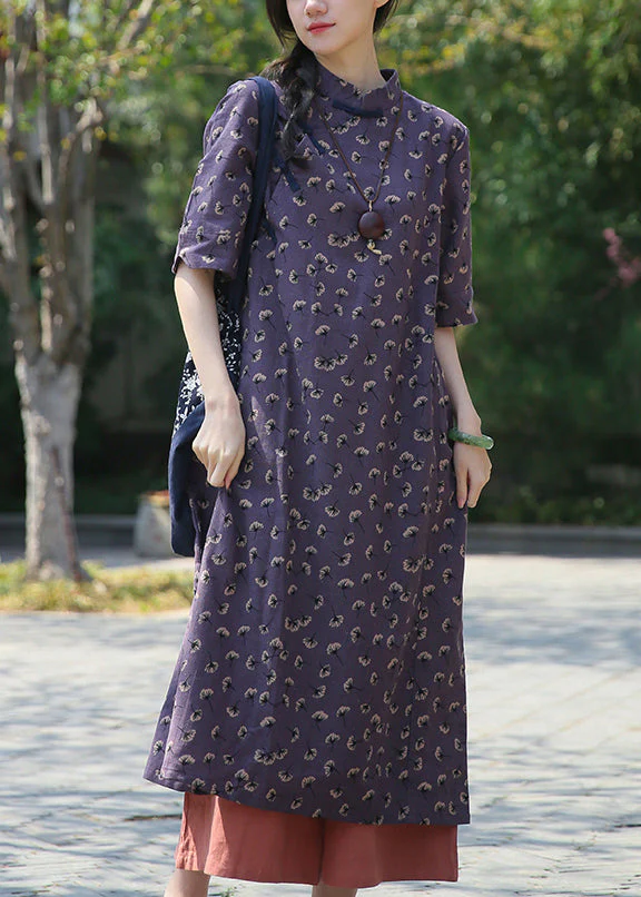 French Purple Button Print Patchwork Cotton Dress Summer - Image 3