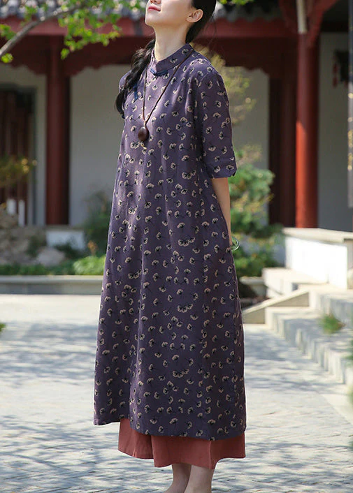 French Purple Button Print Patchwork Cotton Dress Summer - Image 4