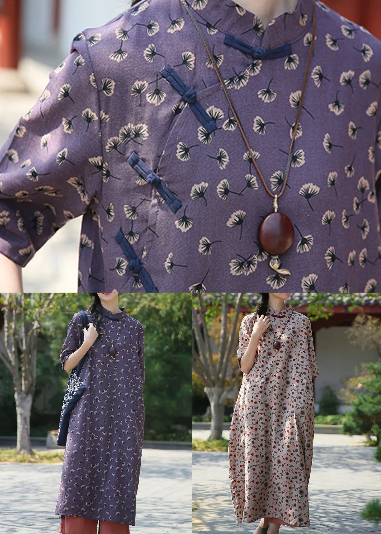 French Purple Button Print Patchwork Cotton Dress Summer - Image 5