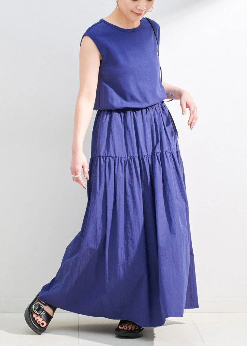French Purple Cinched Patchwork Cotton Maxi Dress Sleeveless - Image 3