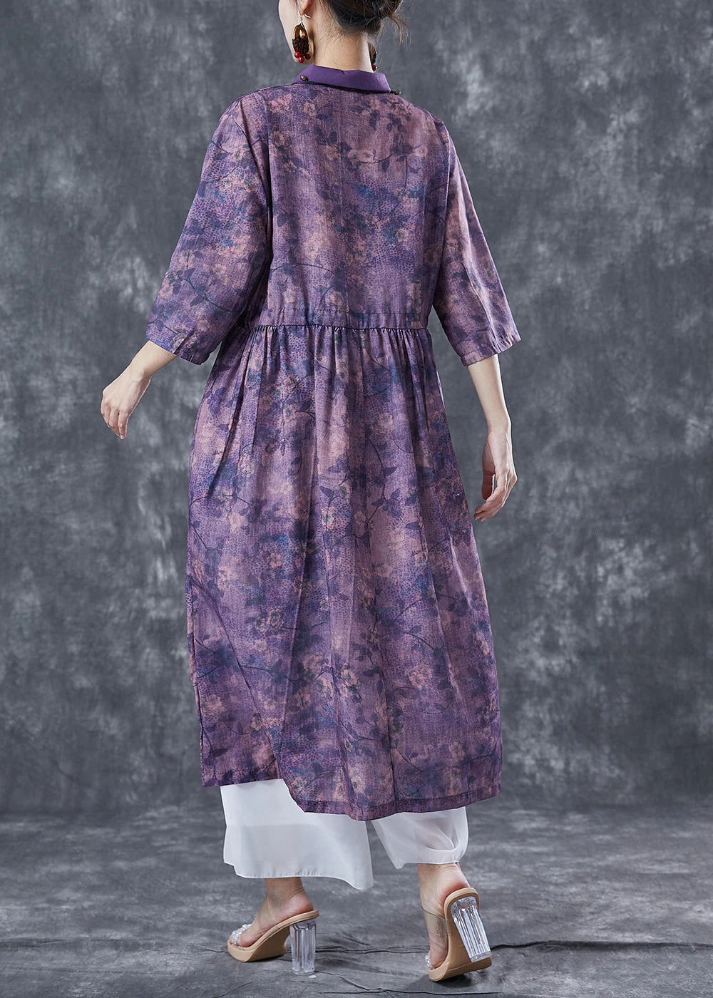 French Purple Cinched Tie Dye Linen Dress Summer - Image 2