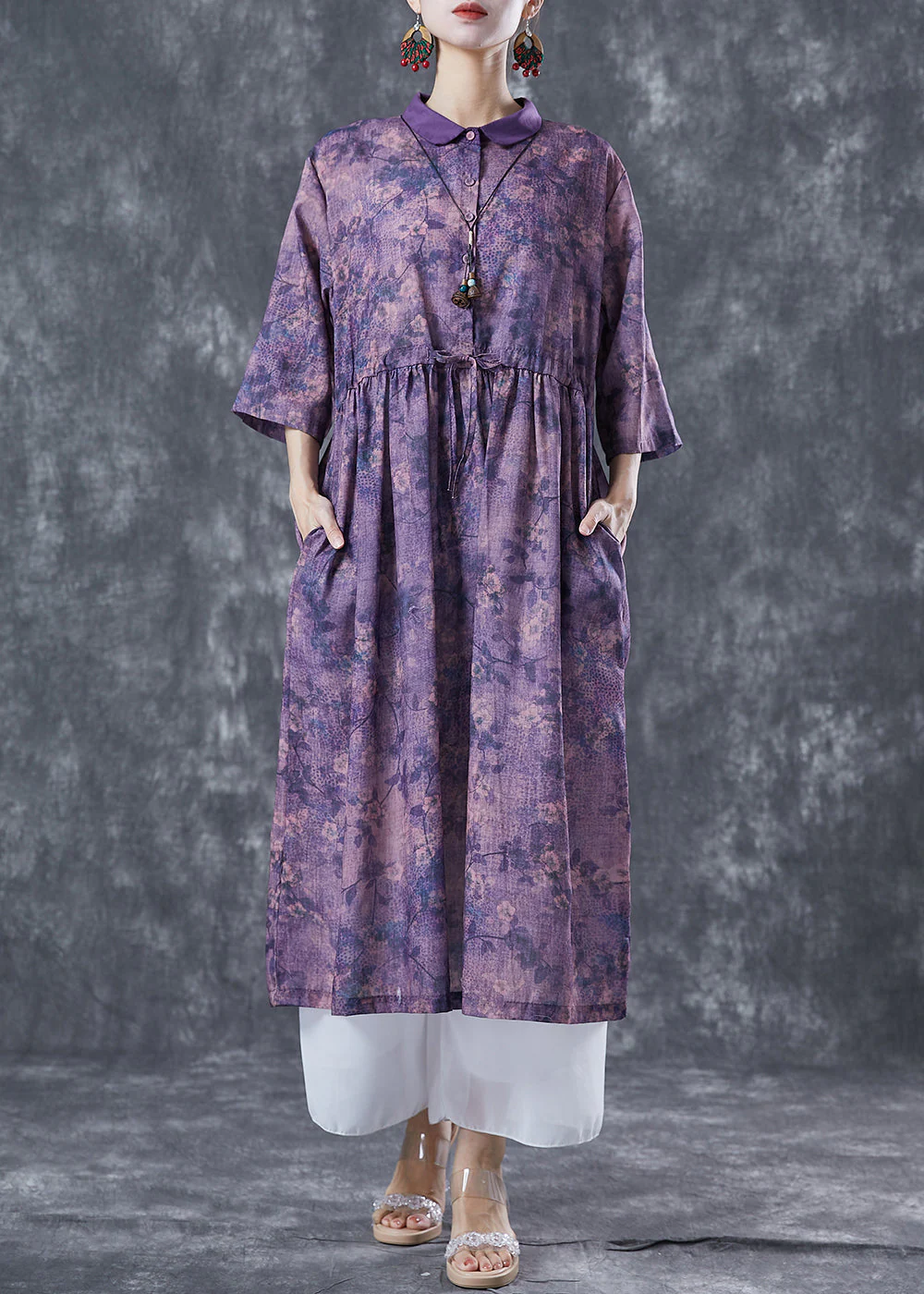 French Purple Cinched Tie Dye Linen Dress Summer - Image 3