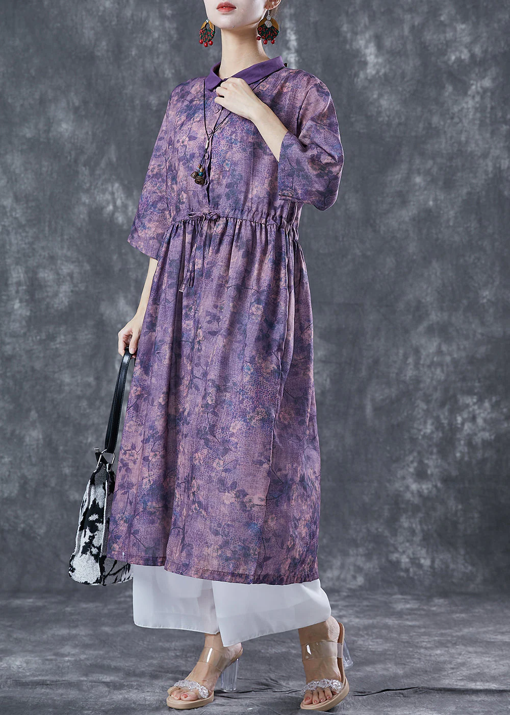 French Purple Cinched Tie Dye Linen Dress Summer - Image 4