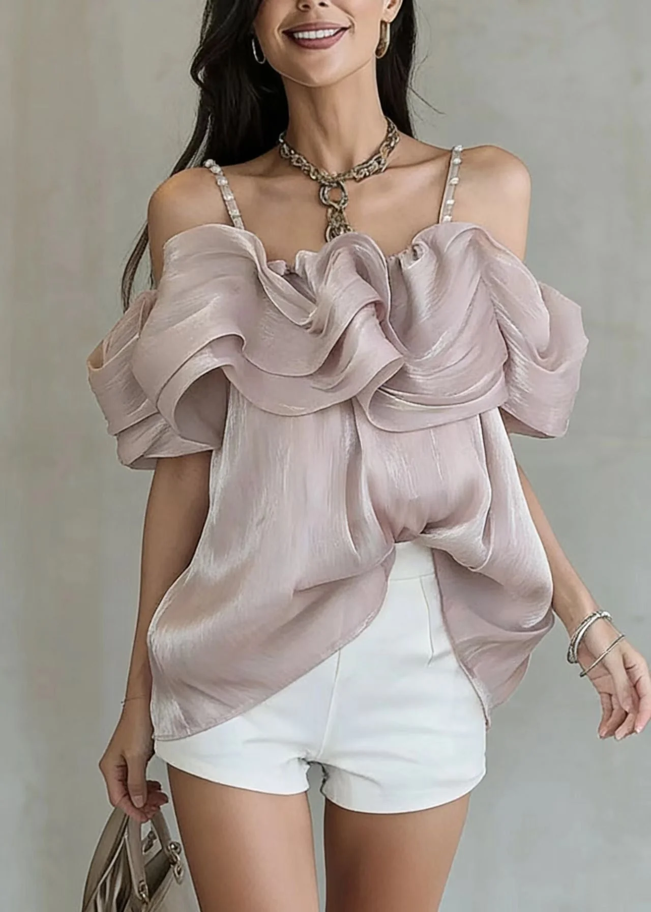 French Purple Cold Shoulder Nail Bead Wrinkled Tulle Tops Summer - Image 5