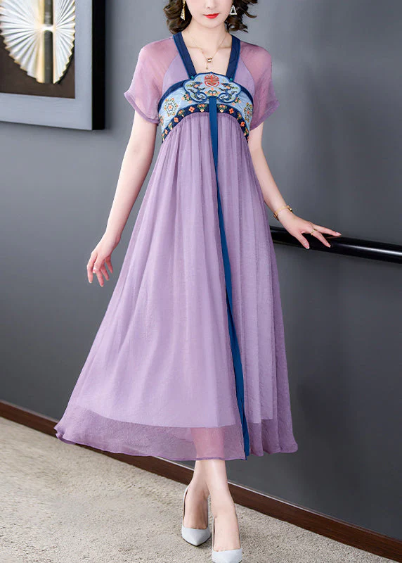 French Purple Embroideried Lace Up Wrinkled Patchwork Chiffon Dress Summer - Image 2