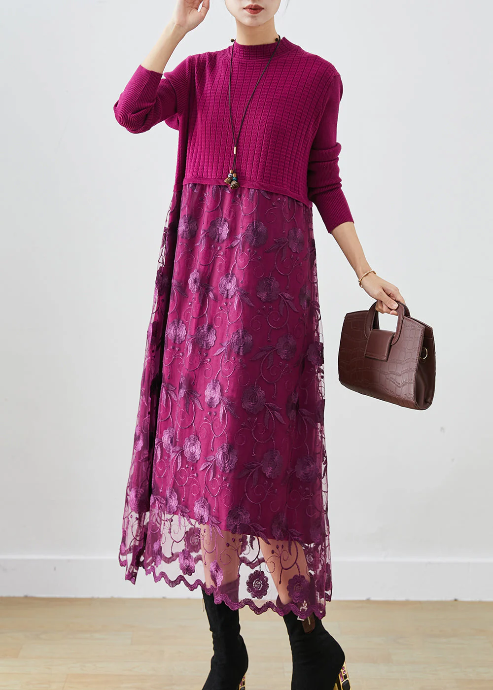 French Purple Embroidered Patchwork Knit Vacation Dresses Fall - Image 2