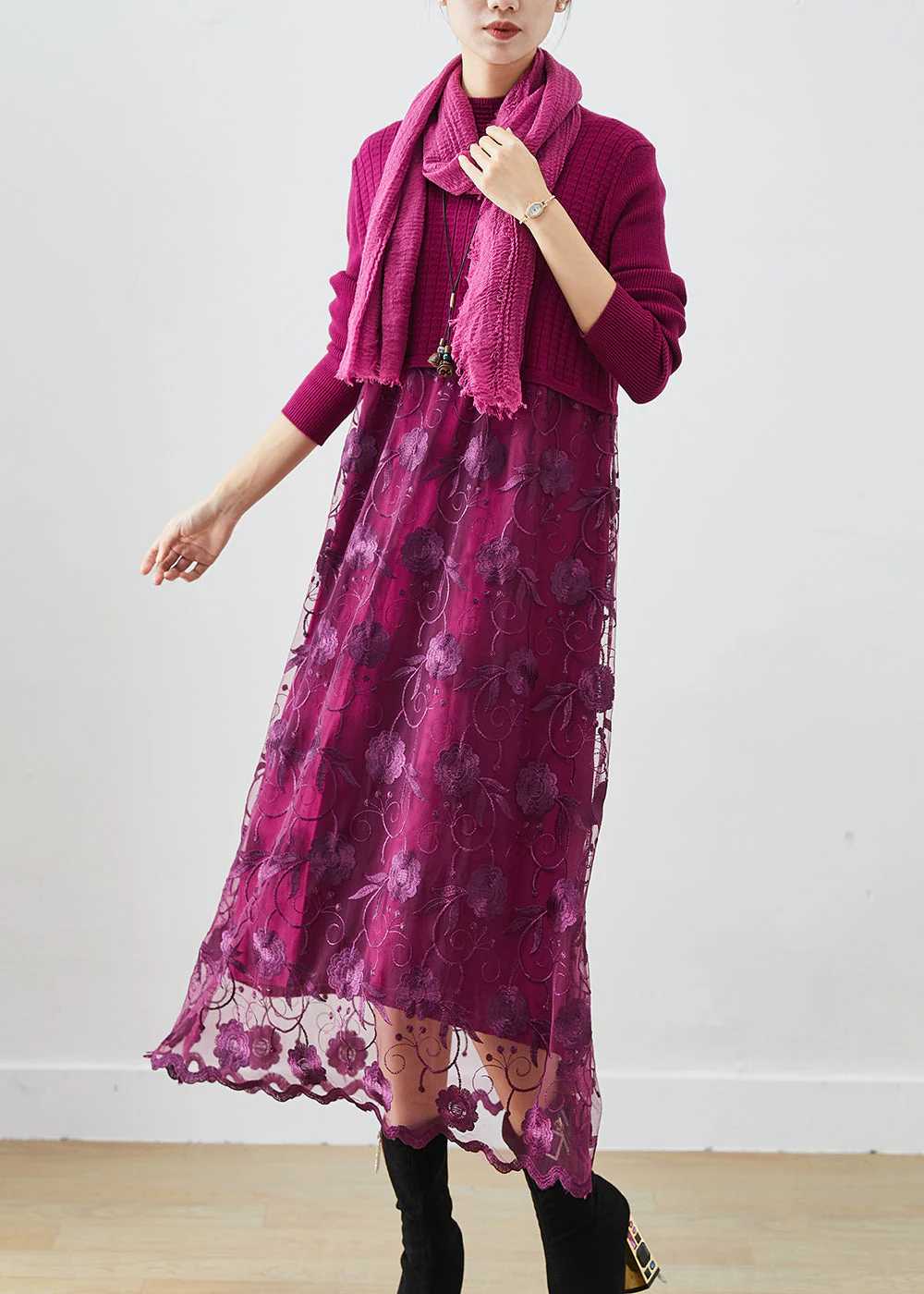 French Purple Embroidered Patchwork Knit Vacation Dresses Fall - Image 3