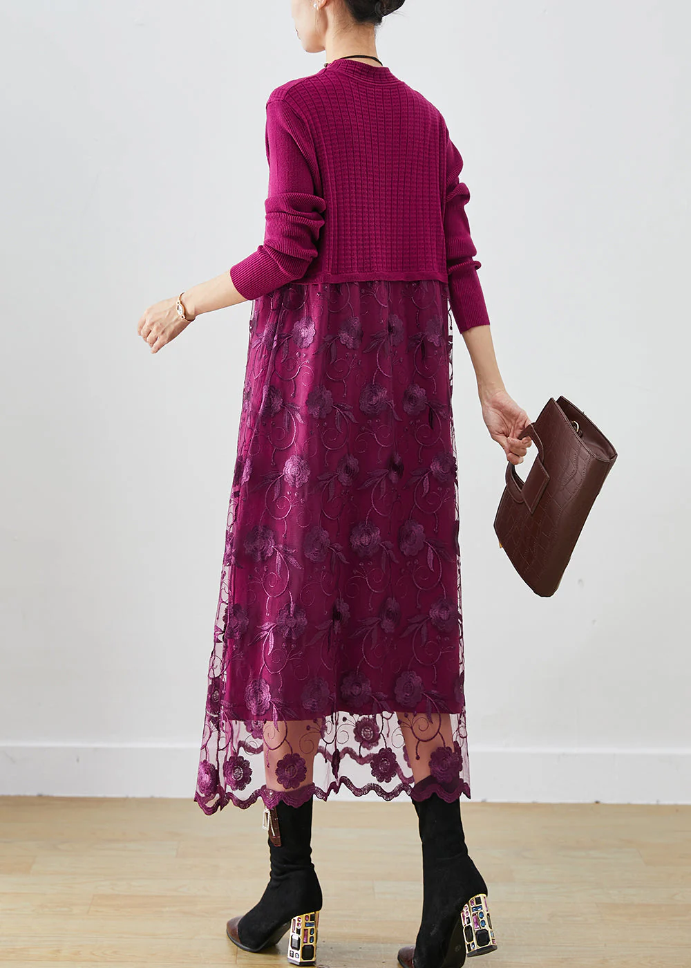 French Purple Embroidered Patchwork Knit Vacation Dresses Fall - Image 4