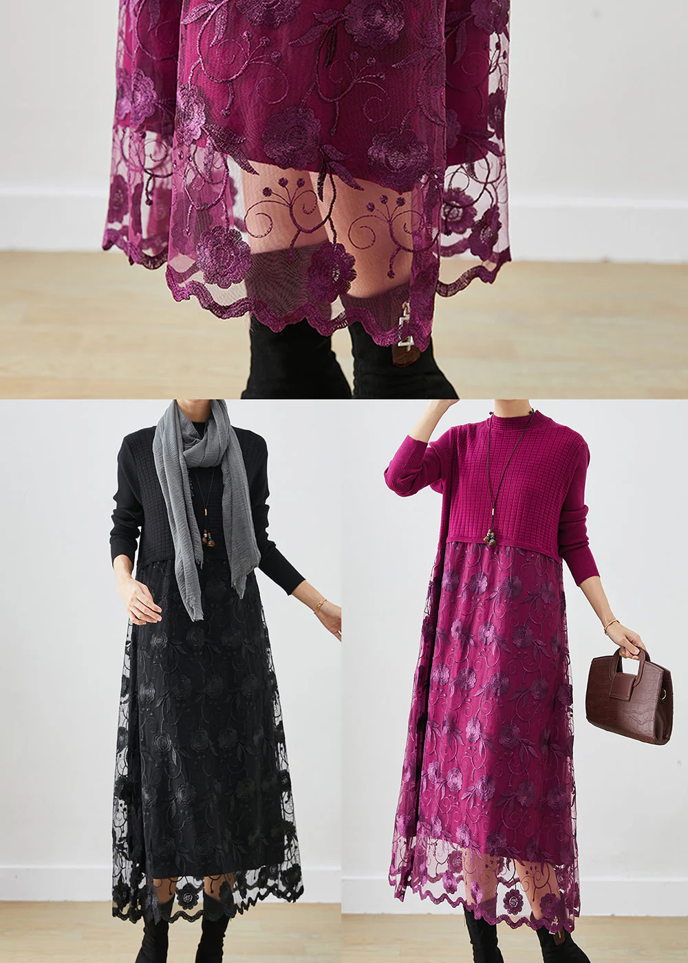 French Purple Embroidered Patchwork Knit Vacation Dresses Fall - Image 5