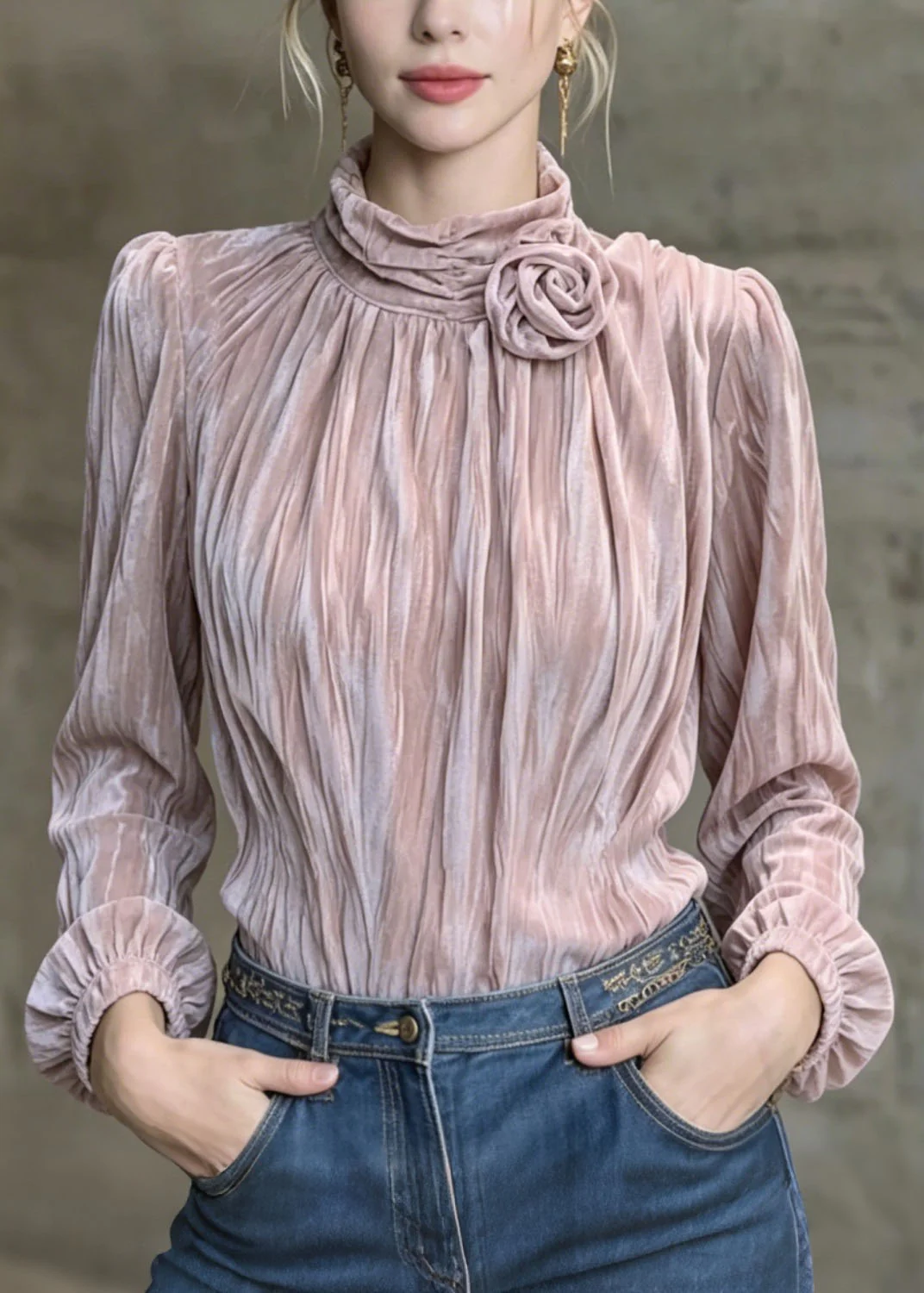 French Purple Floral Wrinkled Velour Shirt Top Spring - Image 3