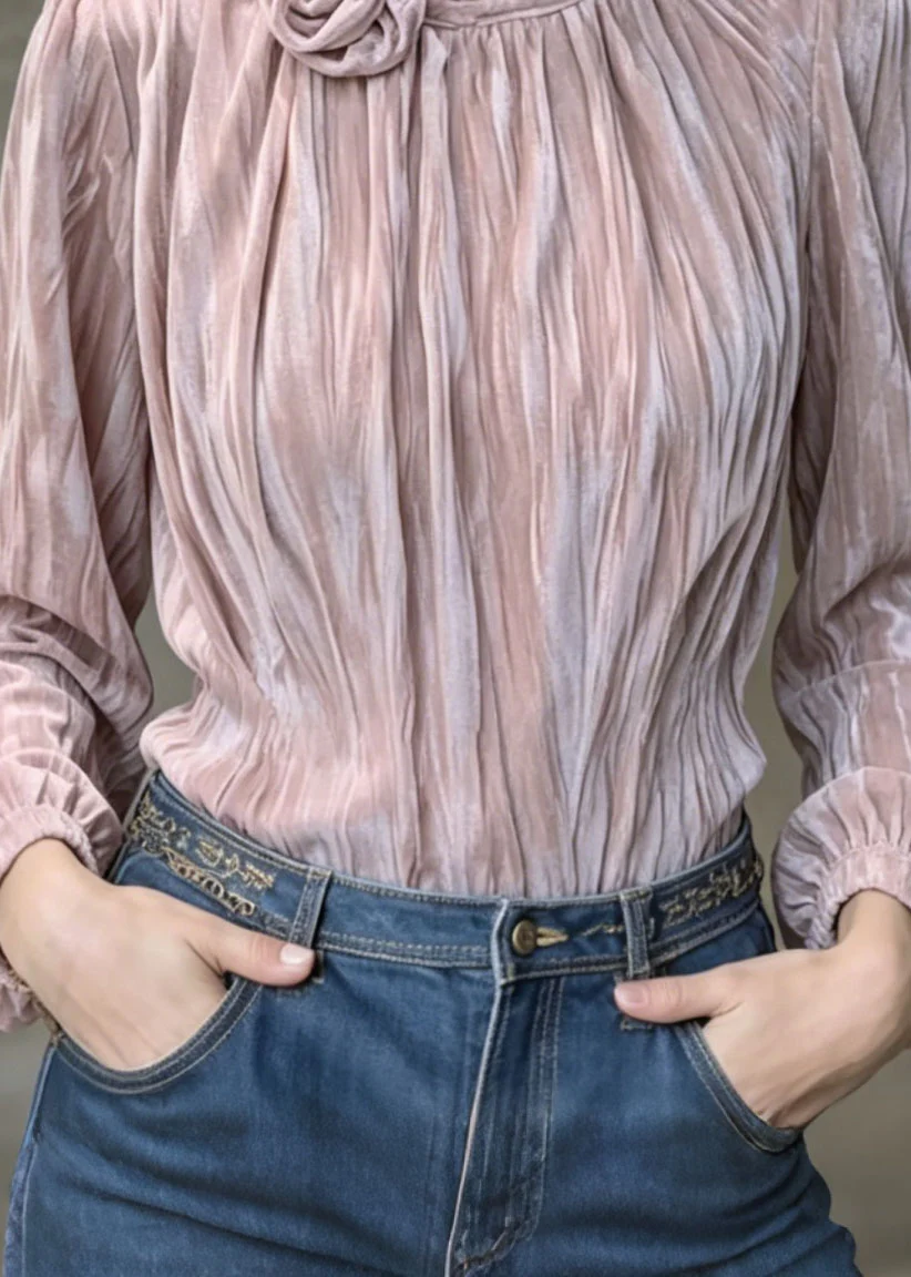 French Purple Floral Wrinkled Velour Shirt Top Spring - Image 4