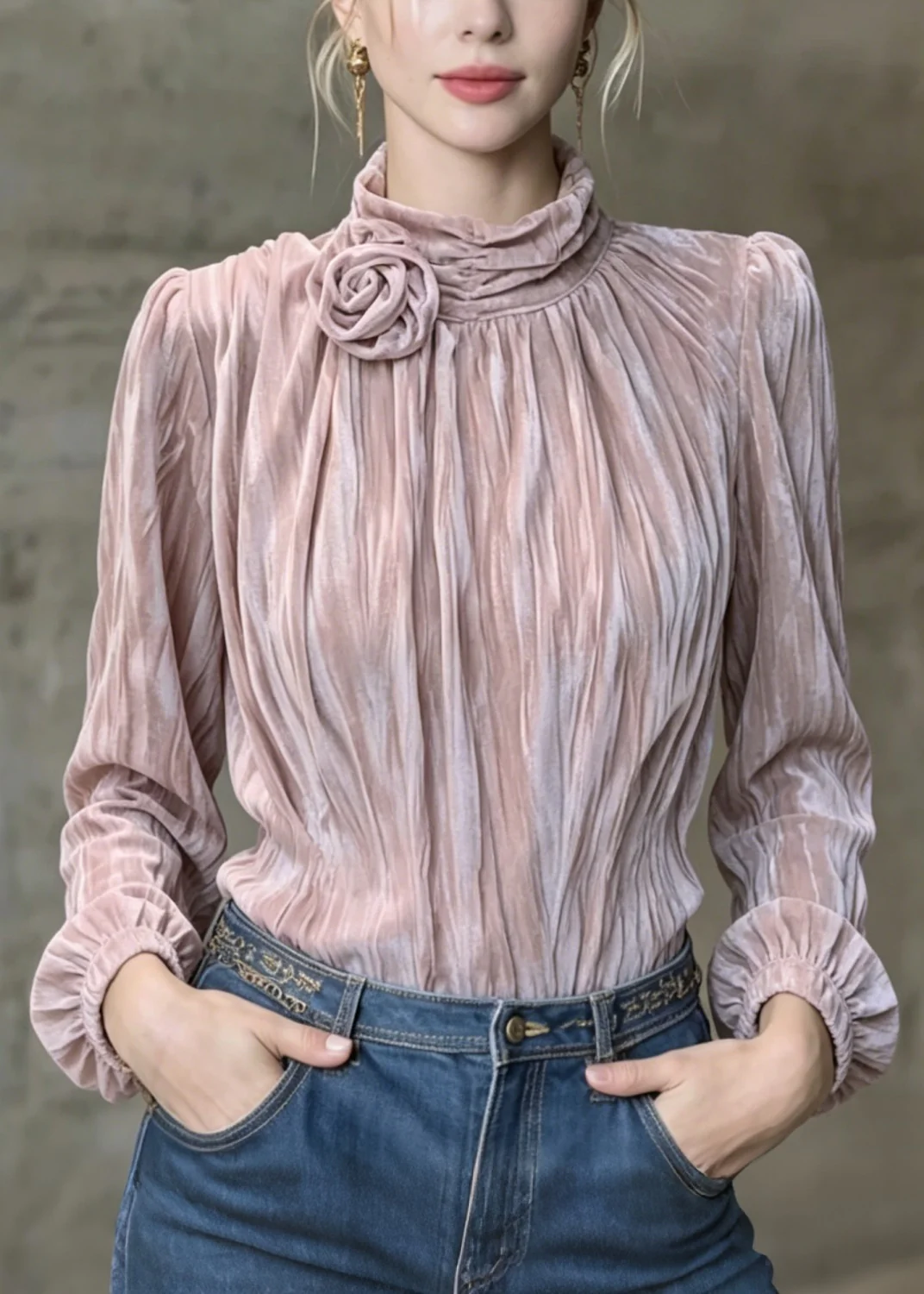 French Purple Floral Wrinkled Velour Shirt Top Spring - Image 5