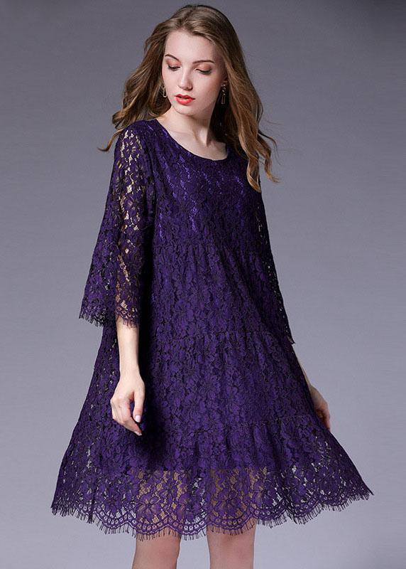 French Purple Half Sleeve Casual Spring Floral Vacation Dresses Half Sleeve