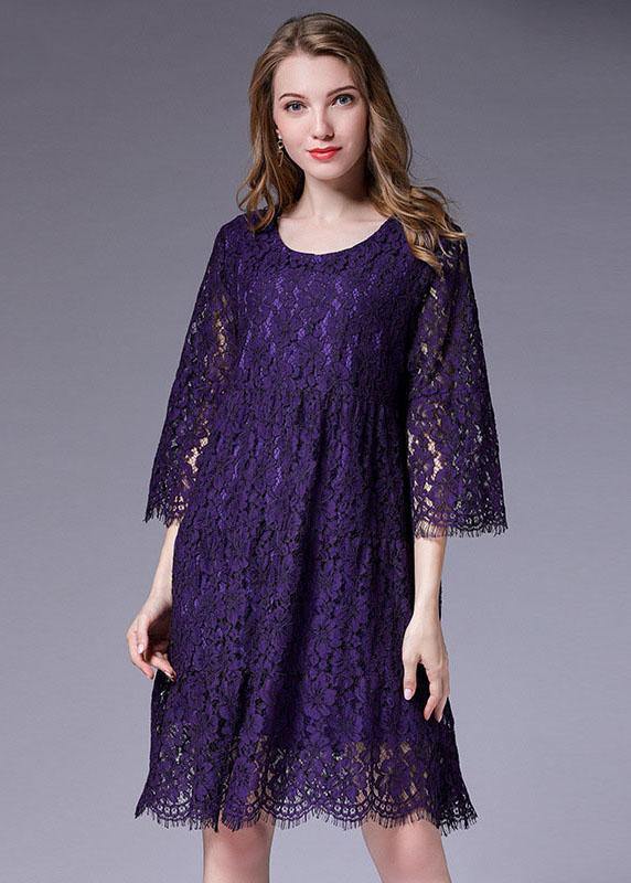 French Purple Half Sleeve Casual Spring Floral Vacation Dresses Half Sleeve - Image 2