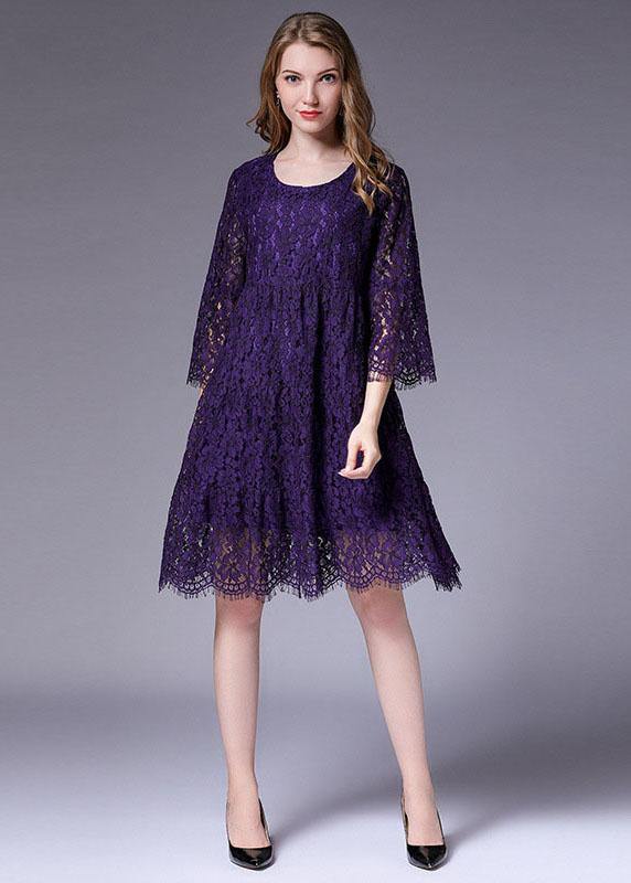 French Purple Half Sleeve Casual Spring Floral Vacation Dresses Half Sleeve - Image 3