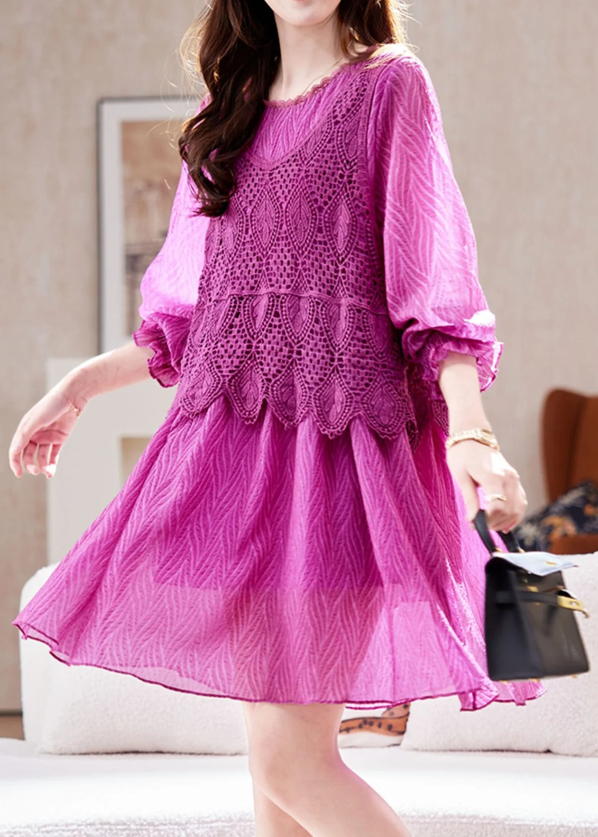 French Purple Hollow Out Knit Patchwork Vacation Chiffon Mid Dresses Lantern Sleeve - Image 2