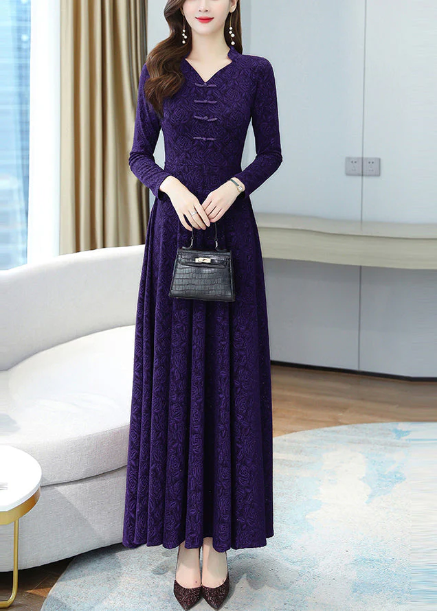 French Purple Jacquard Extra Large Hem Cotton Maxi Dresses Fall - Image 4