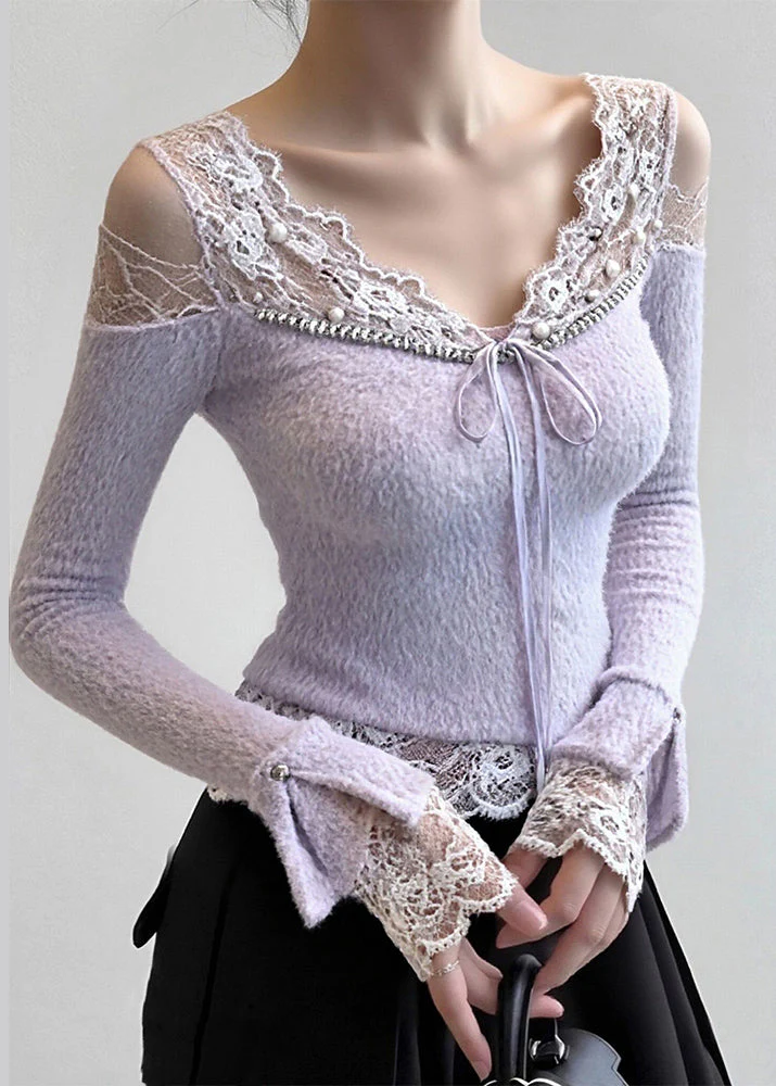 French Purple Lace Nail Bead Patchwork Knit Top Spring - Image 3