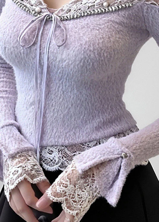 French Purple Lace Nail Bead Patchwork Knit Top Spring - Image 4