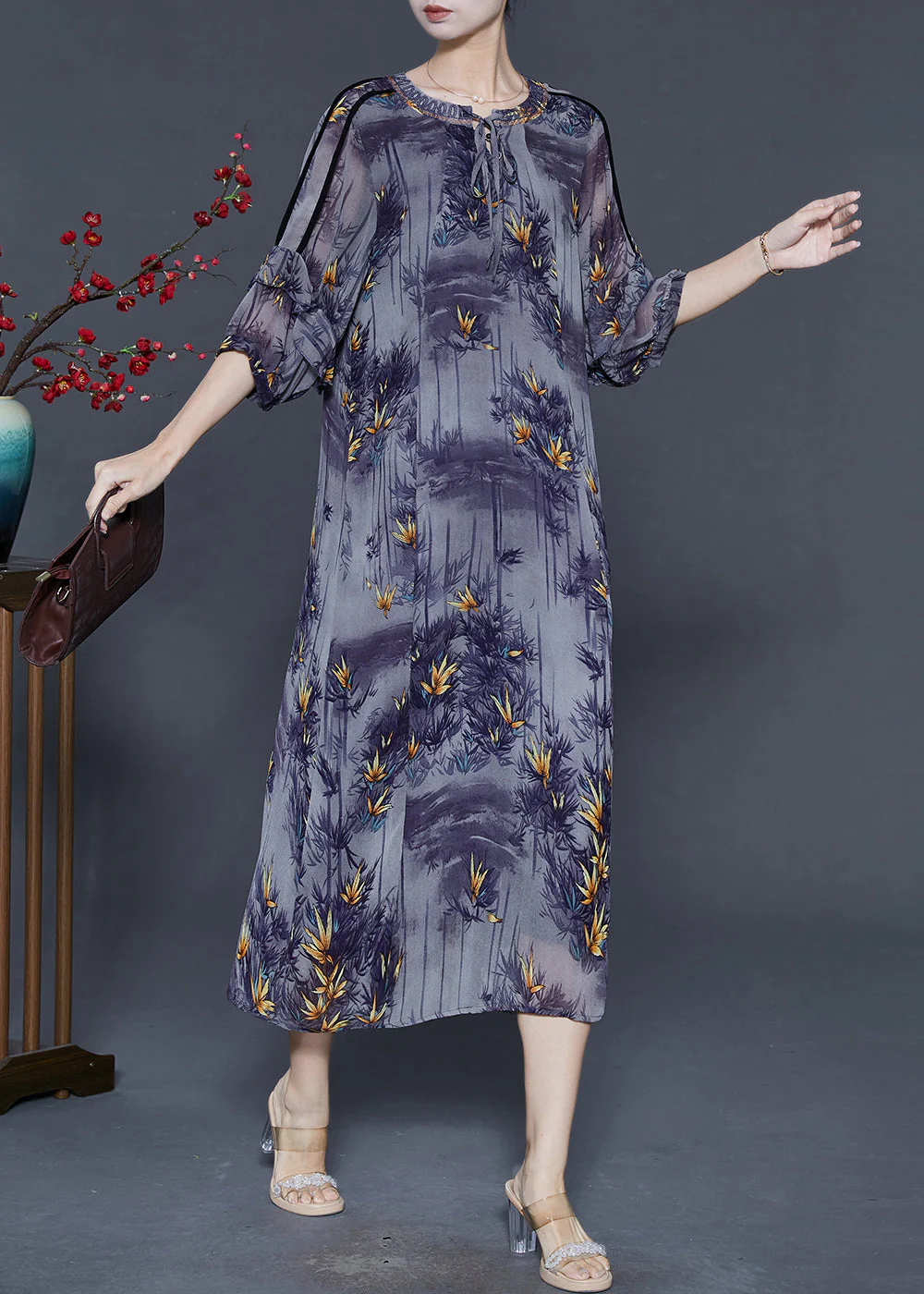 French Purple O-Neck Print Chiffon Dresses Bracelet Sleeve - Image 2