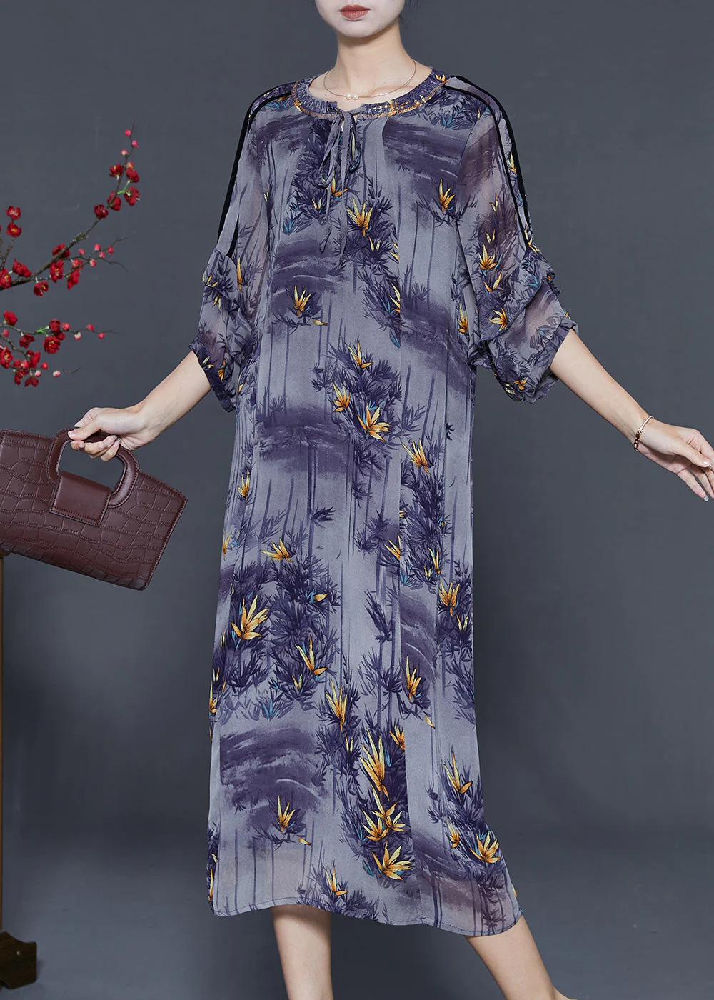 French Purple O-Neck Print Chiffon Dresses Bracelet Sleeve - Image 3