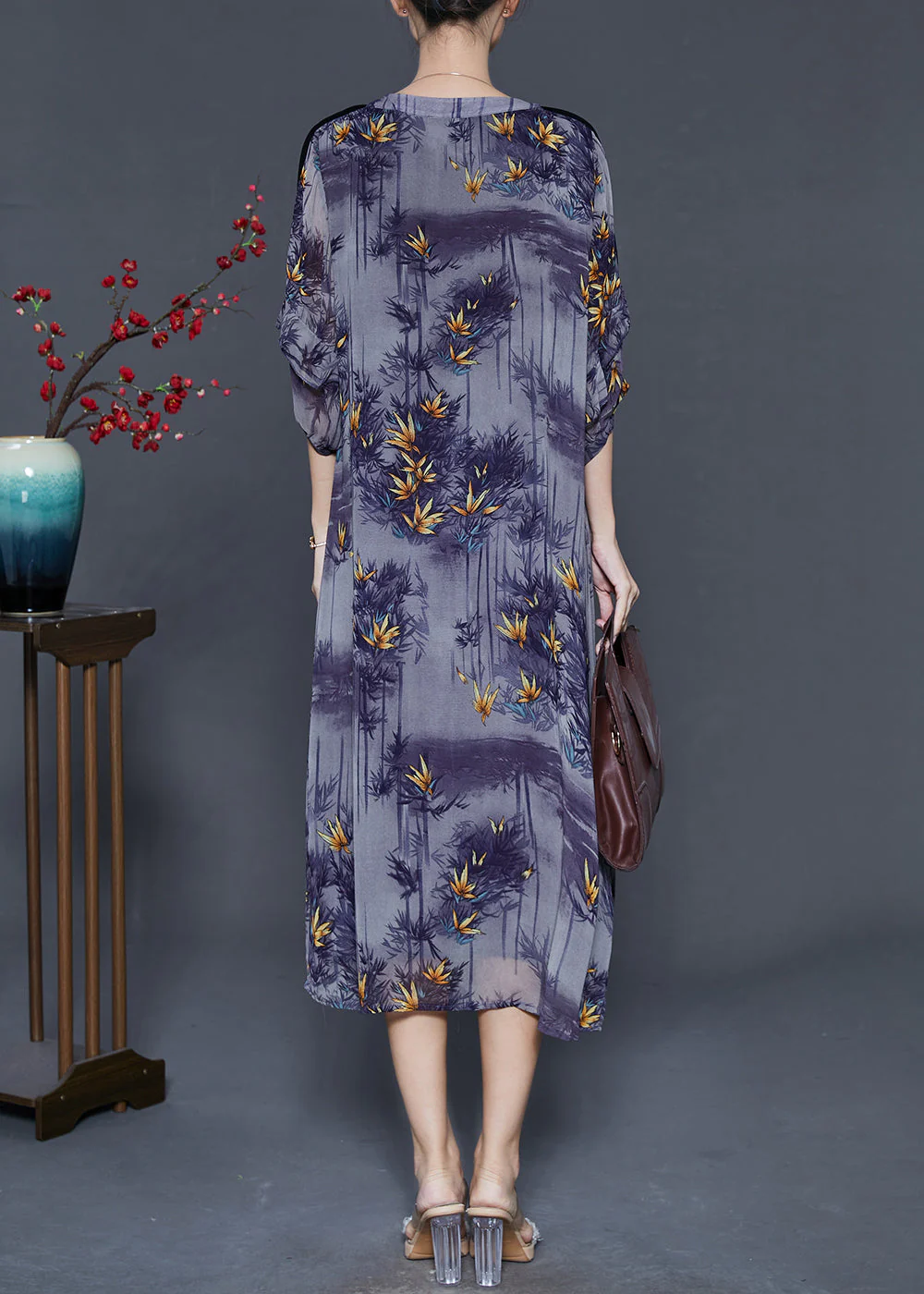 French Purple O-Neck Print Chiffon Dresses Bracelet Sleeve - Image 4