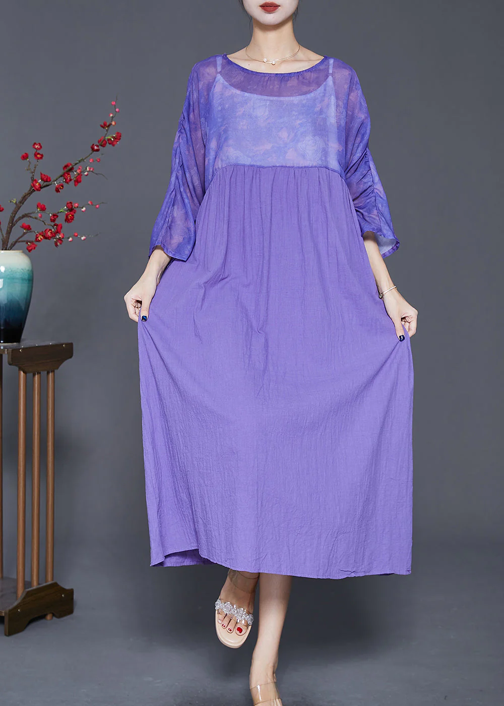 French Purple Oversized Patchwork Linen Long Dress Bracelet Sleeve - Image 2