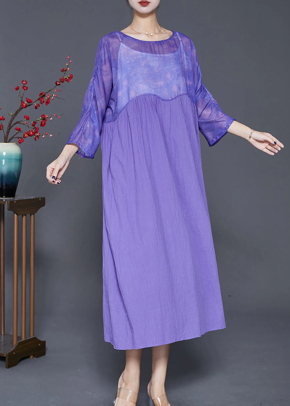 French Purple Oversized Patchwork Linen Long Dress Bracelet Sleeve - Image 3
