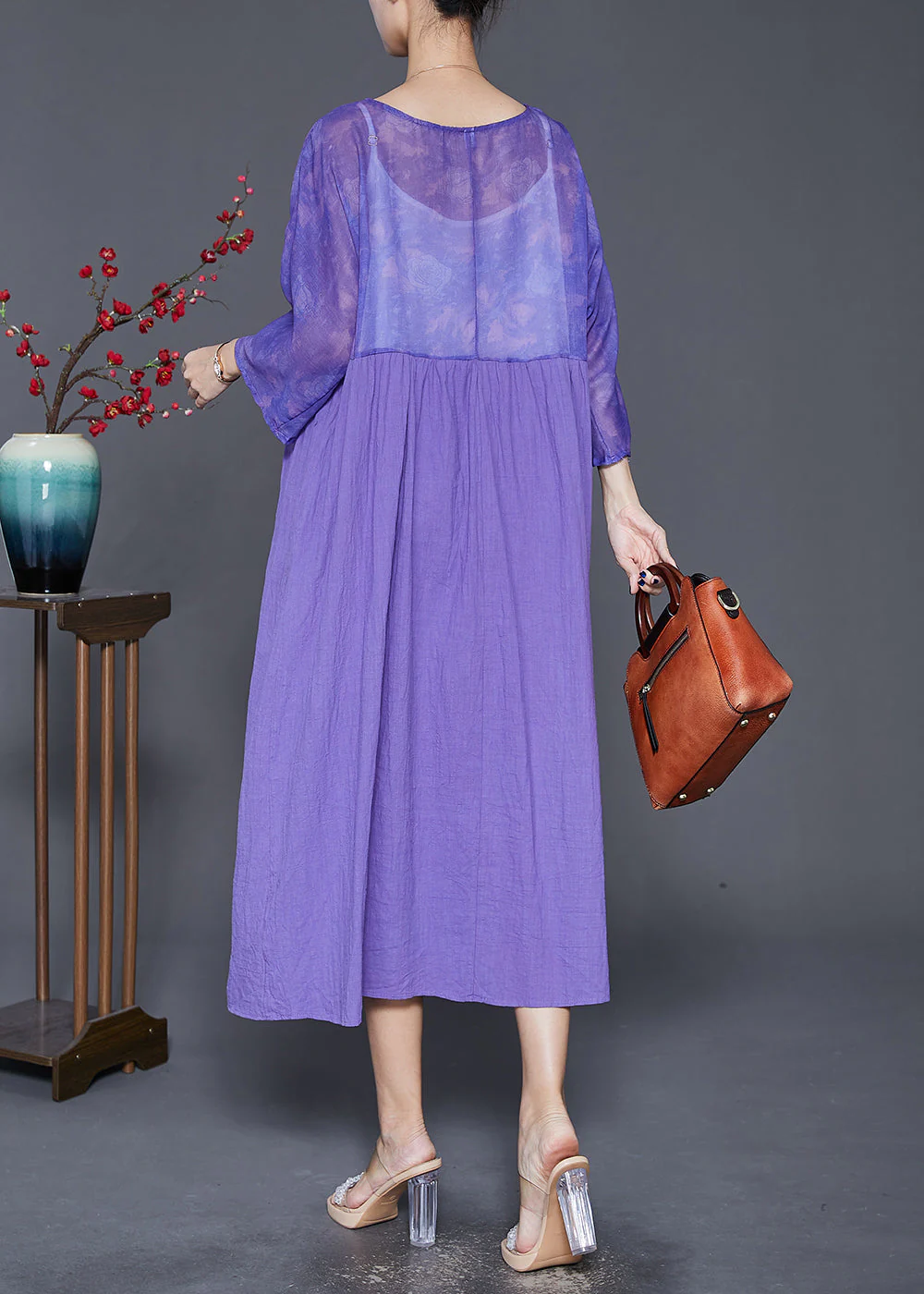 French Purple Oversized Patchwork Linen Long Dress Bracelet Sleeve - Image 4