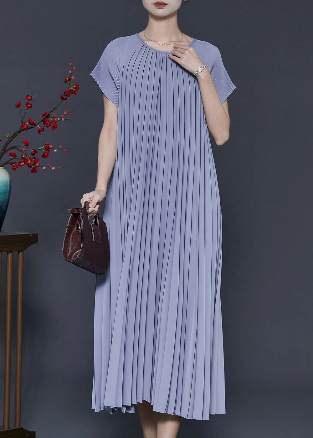 French Purple Oversized Spandex Pleated Dress Summer - Image 2