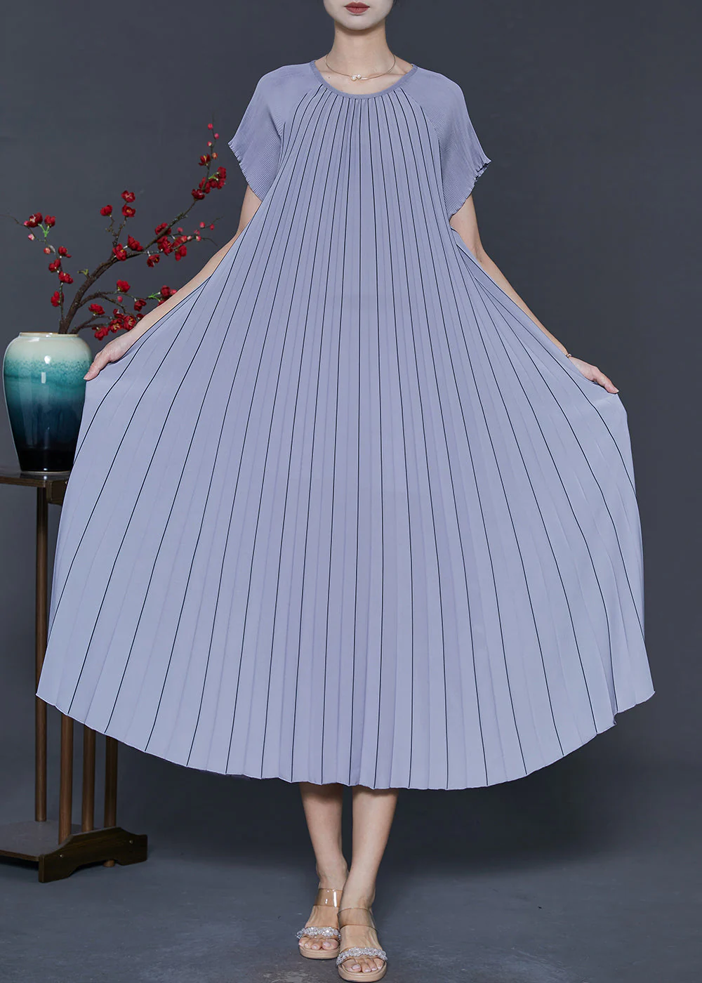 French Purple Oversized Spandex Pleated Dress Summer - Image 3