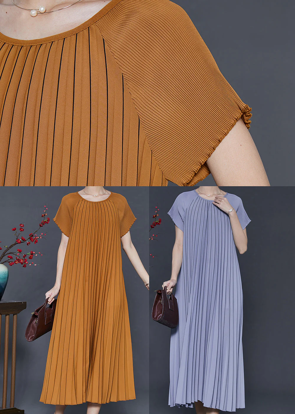 French Purple Oversized Spandex Pleated Dress Summer - Image 5