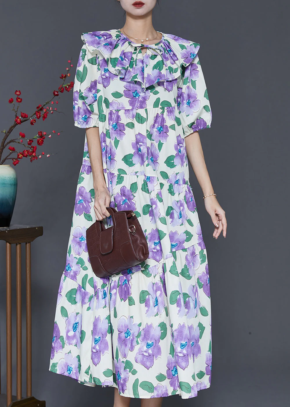 French Purple Peter Pan Collar Floral Cotton Maxi Dresses Summer - Image 2