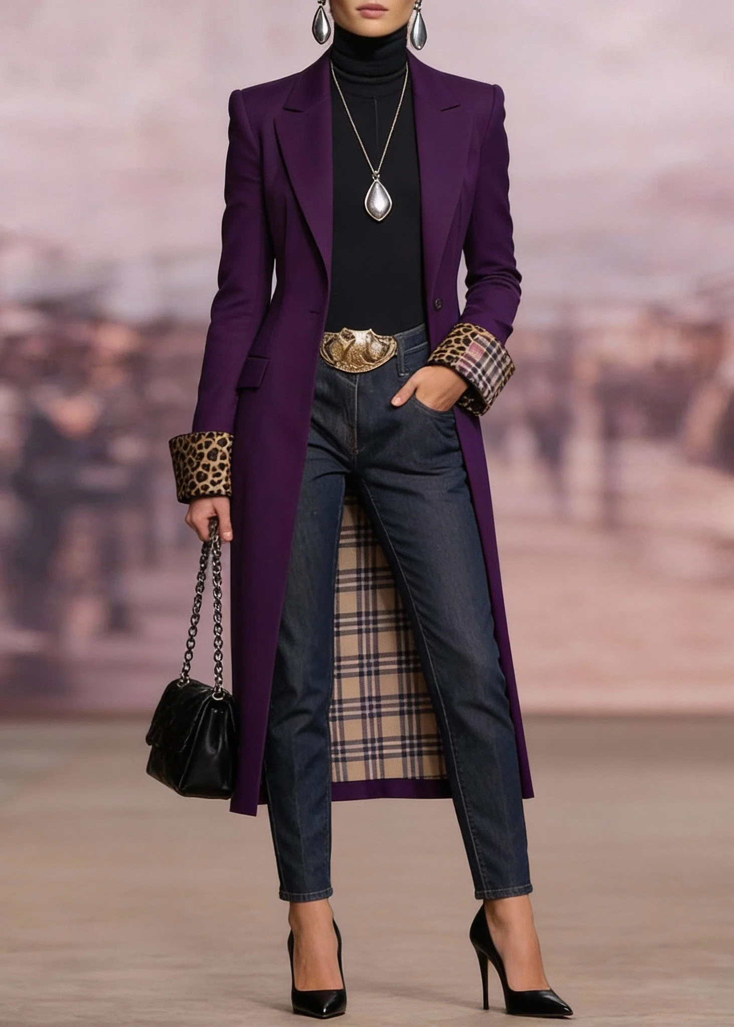 French Purple Peter Pan Collar Pockets Long Trench Coat Spring