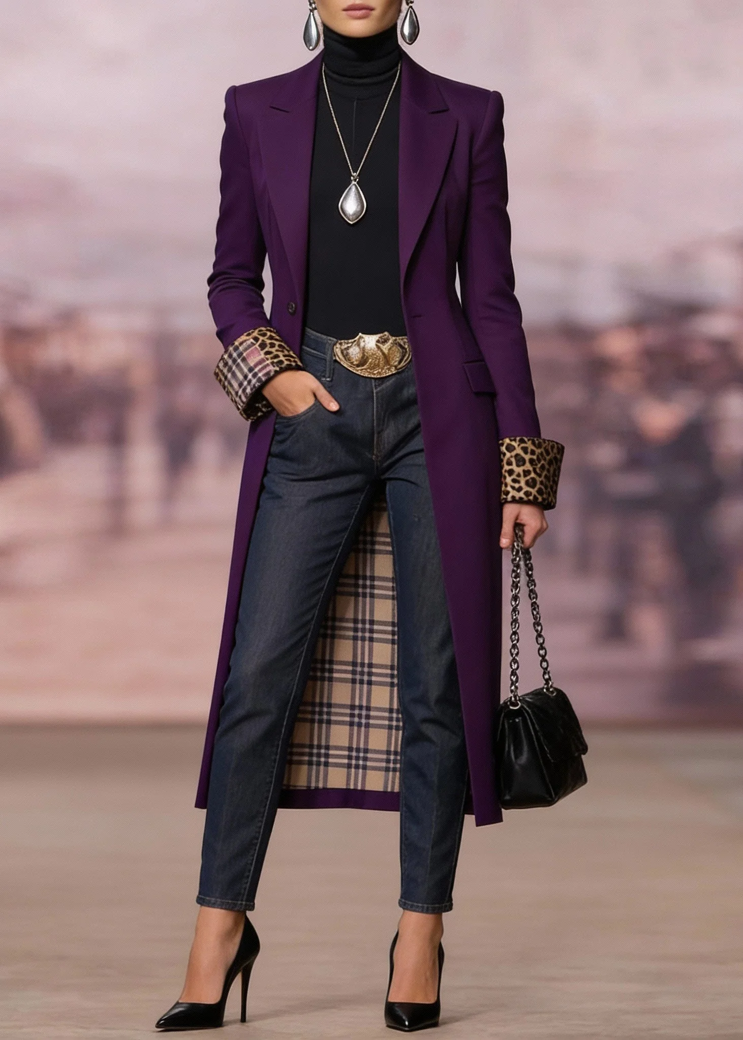 French Purple Peter Pan Collar Pockets Long Trench Coat Spring - Image 3