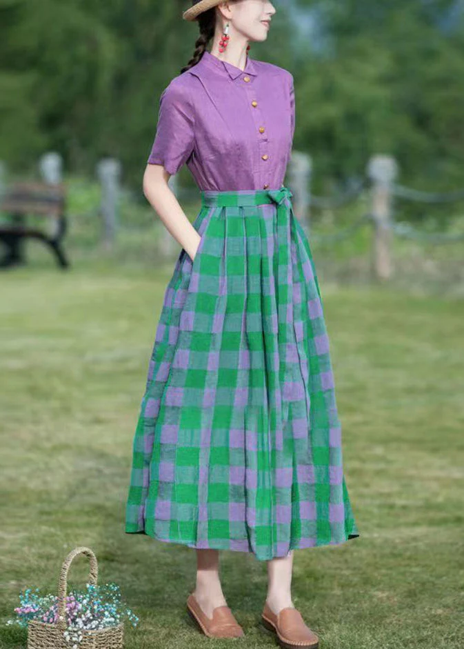 French Purple Plaid Lace Up Patchwork Cotton Long Dress Summer - Image 2