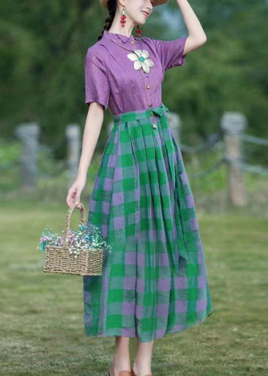 French Purple Plaid Lace Up Patchwork Cotton Long Dress Summer - Image 3