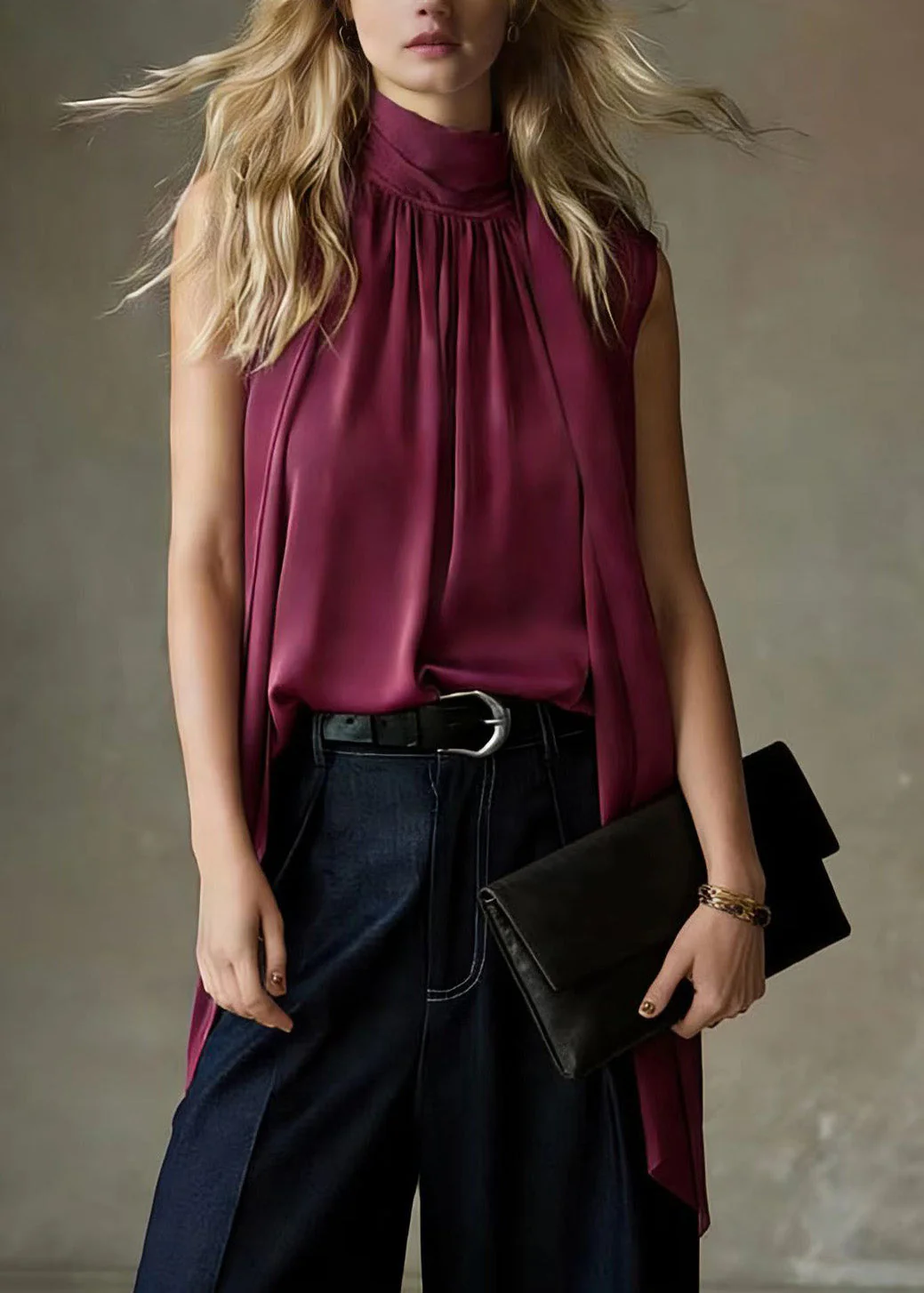 French Purple Ribbon Pleated Silk Top Sleeveless - Image 3