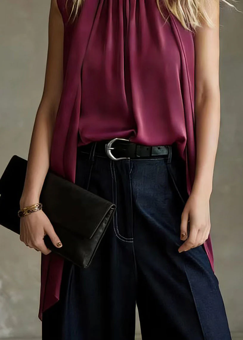 French Purple Ribbon Pleated Silk Top Sleeveless - Image 4