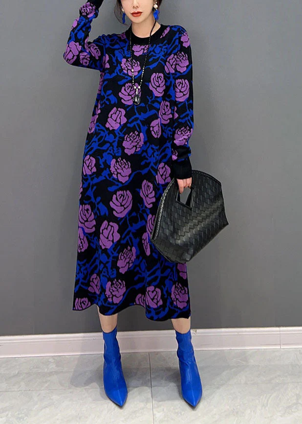 French Purple Rose Print Slim Fit Knit Long Dress Spring - Image 2