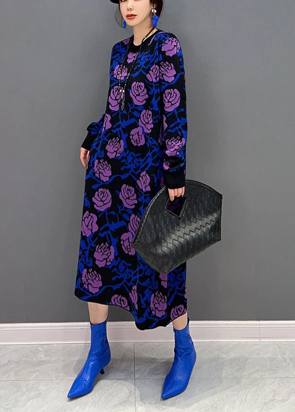 French Purple Rose Print Slim Fit Knit Long Dress Spring - Image 3